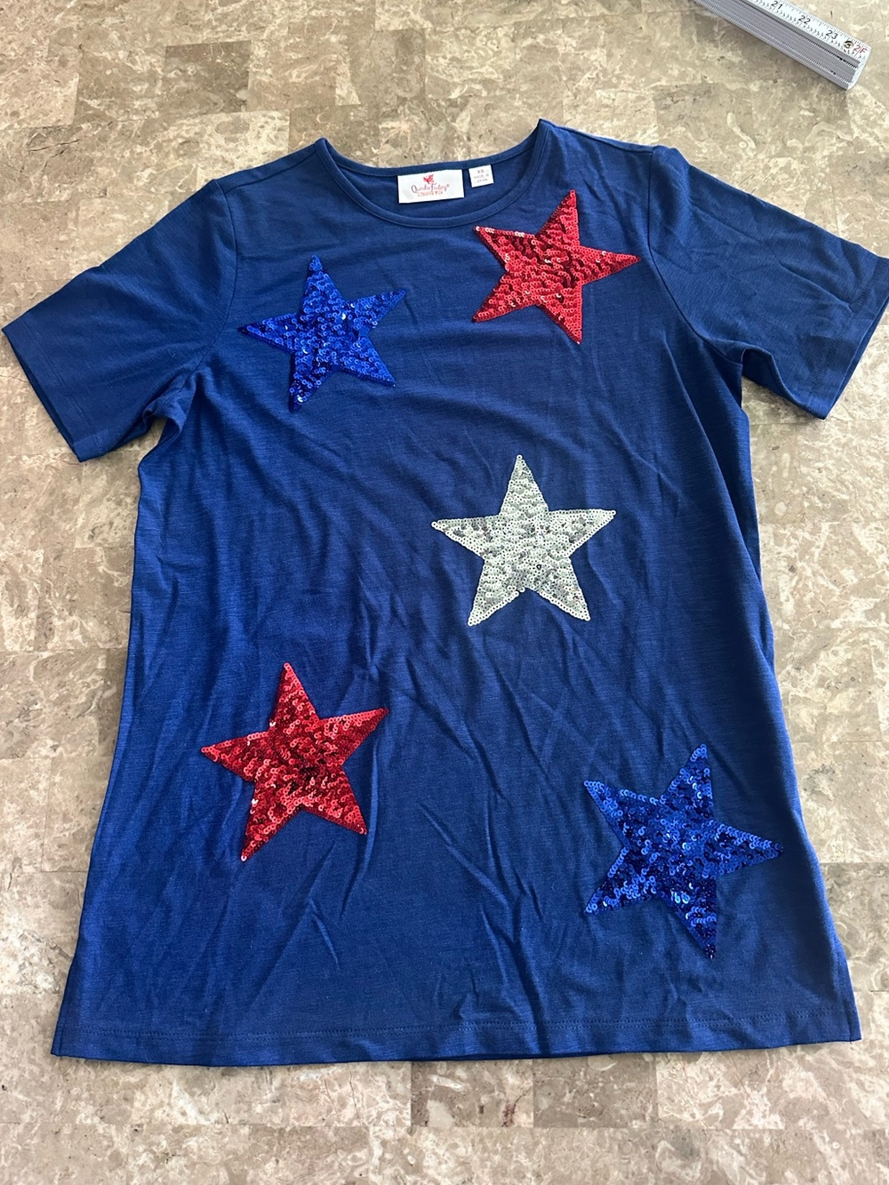 Quacker Factory Short Sleeve Sequin Star T-Shirt - Womens Oversized Size XS Blue